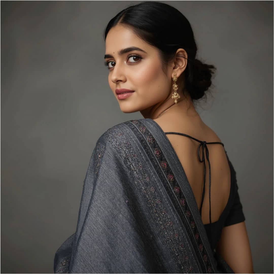 Handcrafted Charcoal Grey Nakshi Kantha Saree